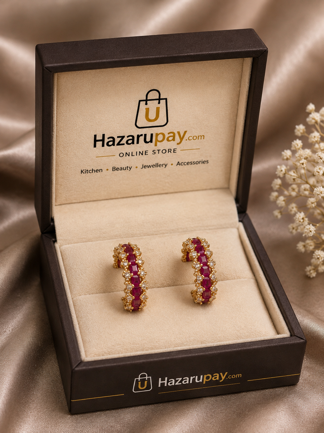 Elegant Ruby Gold Crystal Hoop Earrings