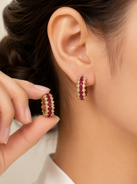 Elegant Ruby Gold Crystal Hoop Earrings