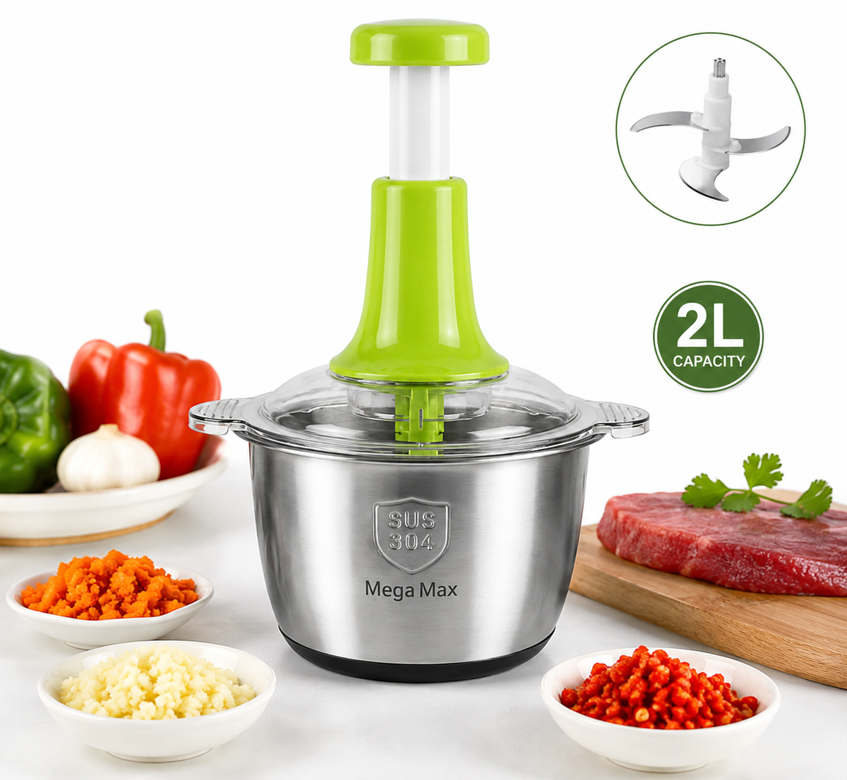 MegaMax 2L Stainless Steel Manual Hand Push Chopper