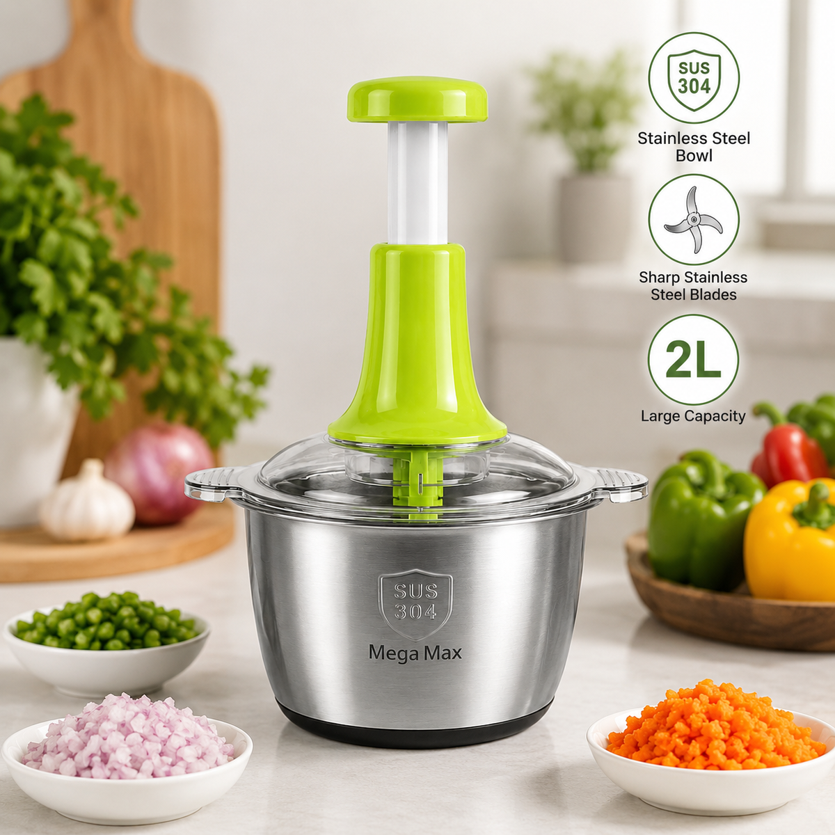 MegaMax 2L Stainless Steel Manual Hand Push Chopper