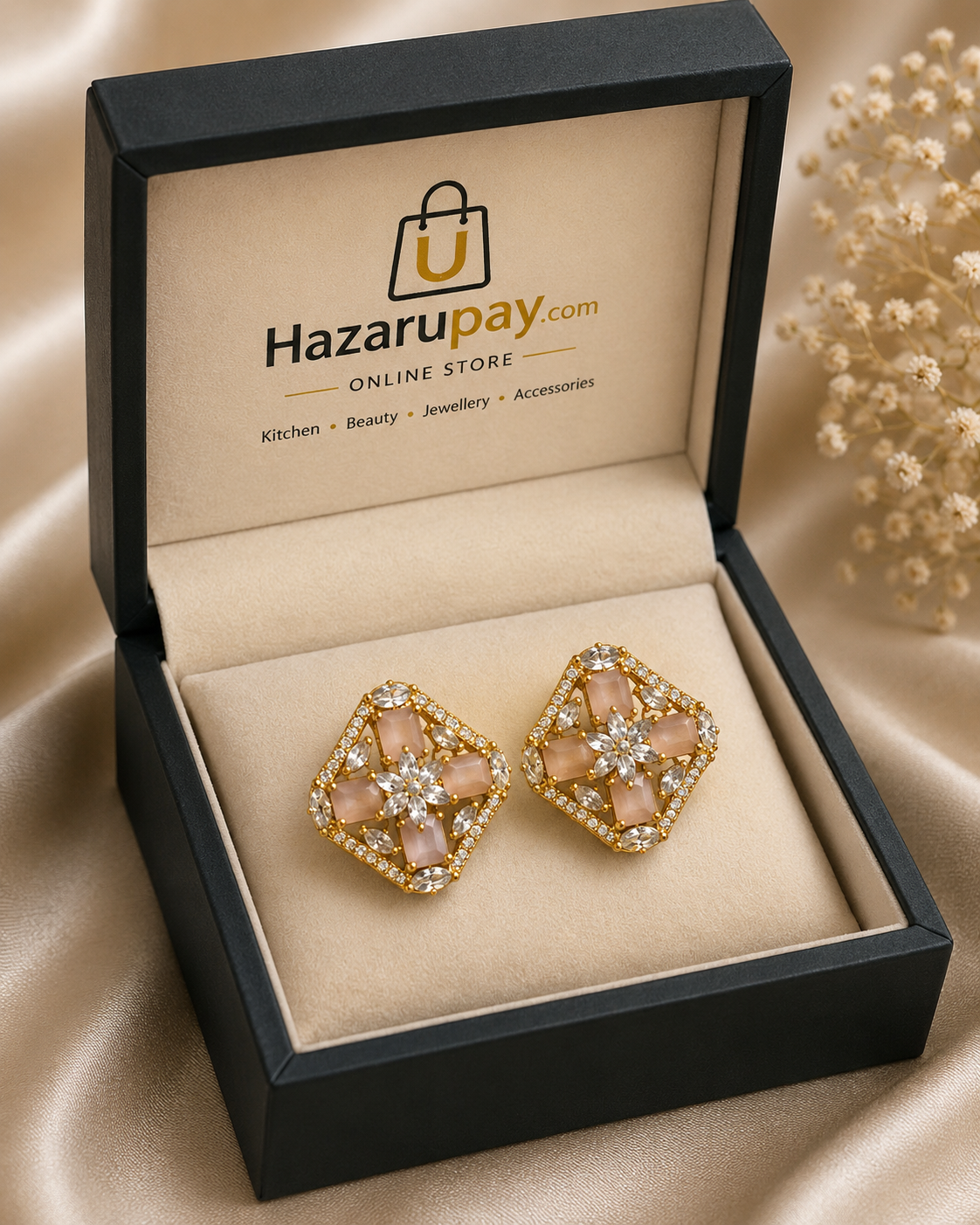Elegant Gold & Pink Crystal Statement Earrings