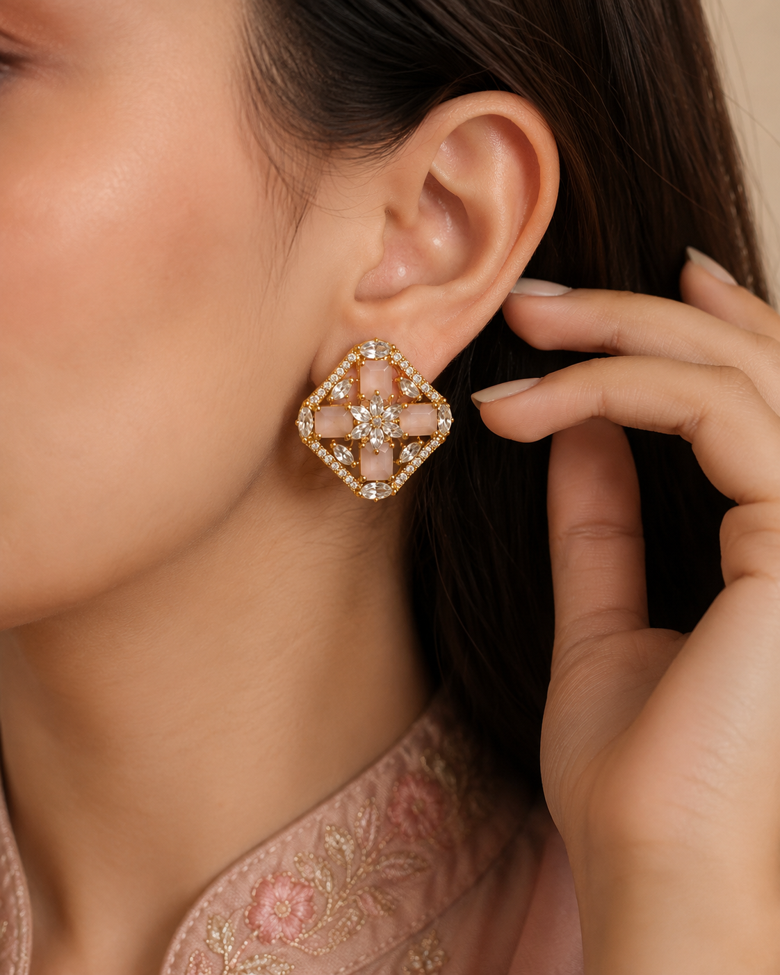 Elegant Gold & Pink Crystal Statement Earrings